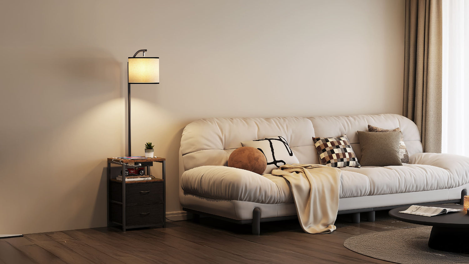 A modern, multi-functional floor lamp with built-in shelves and a drawer, styled in a cozy living room setting. The lamp features a charging port and provides warm, ambient lighting.