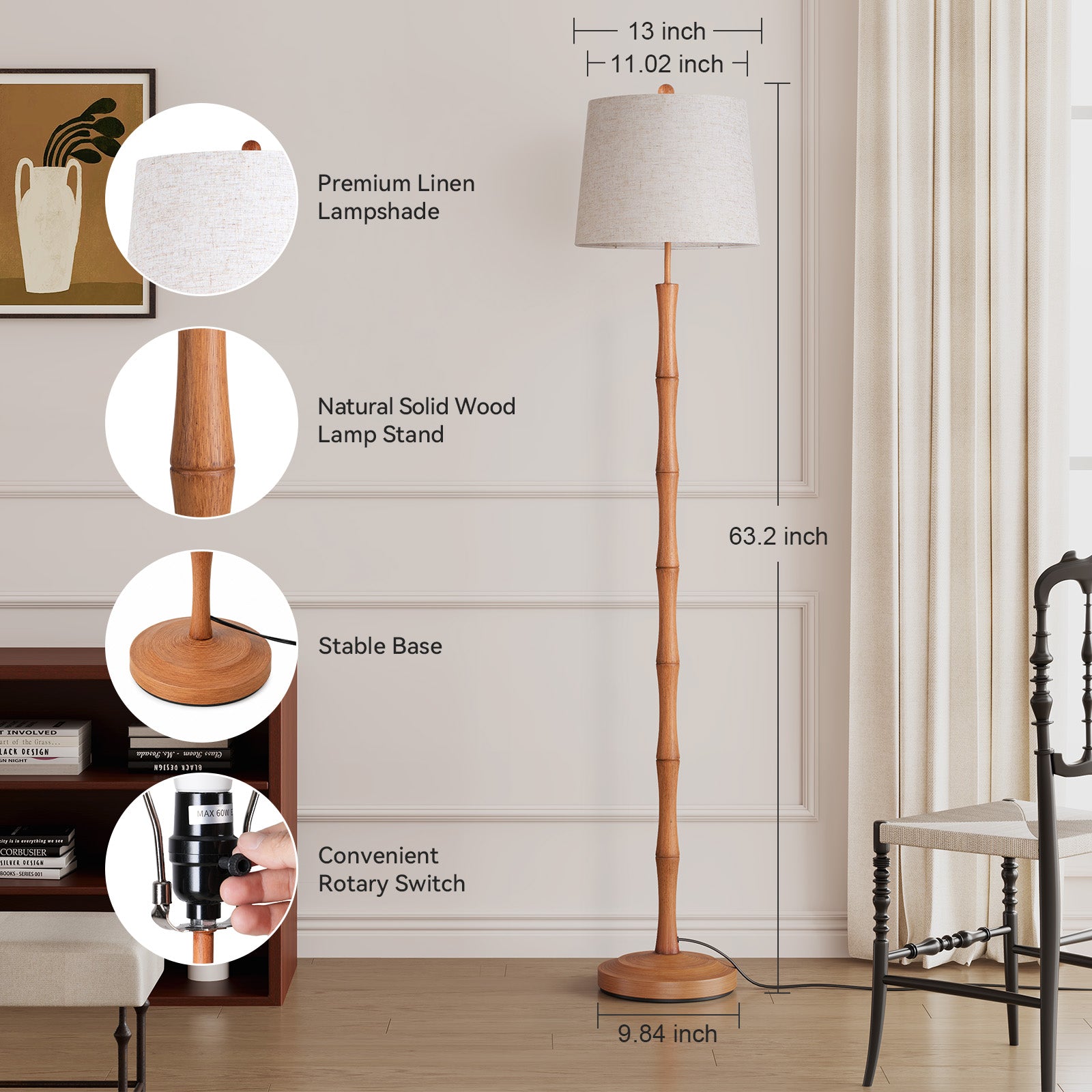 SUNMORY 63" Tall Boho Real Wood Floor Lamps