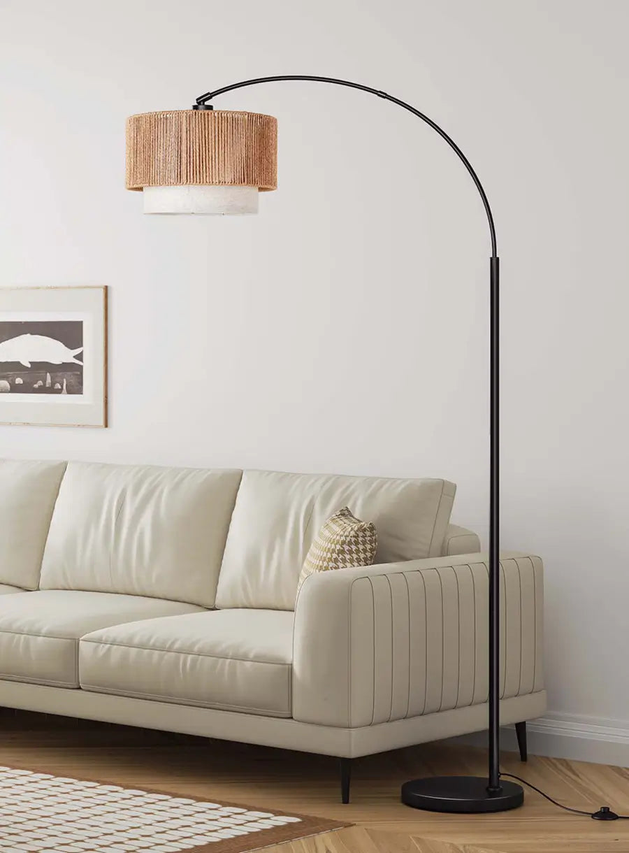 Double Rattan Arc Floor Lamp