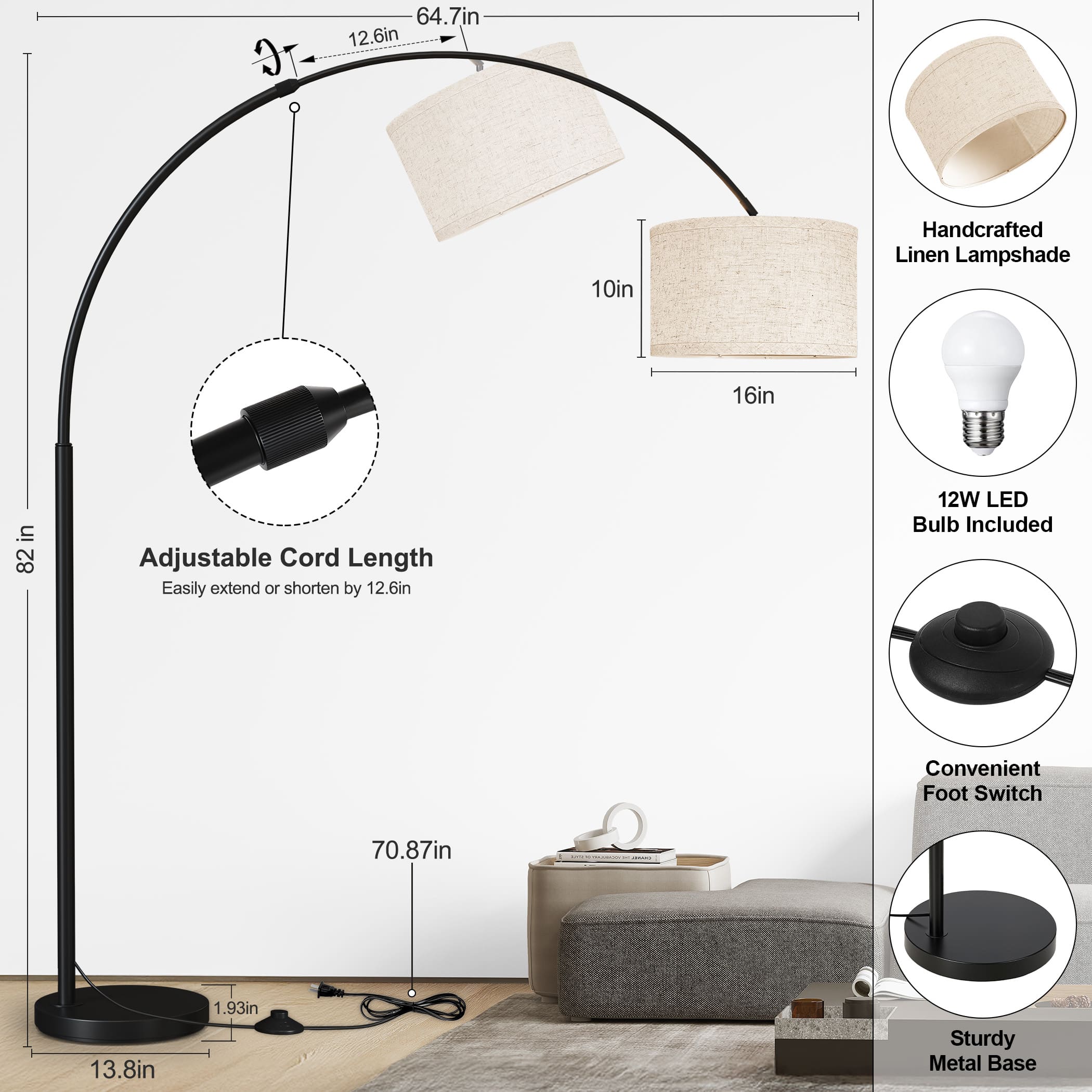 A flexible arc floor lamp with a rotating head and a heavy, weighted metal base for stability.