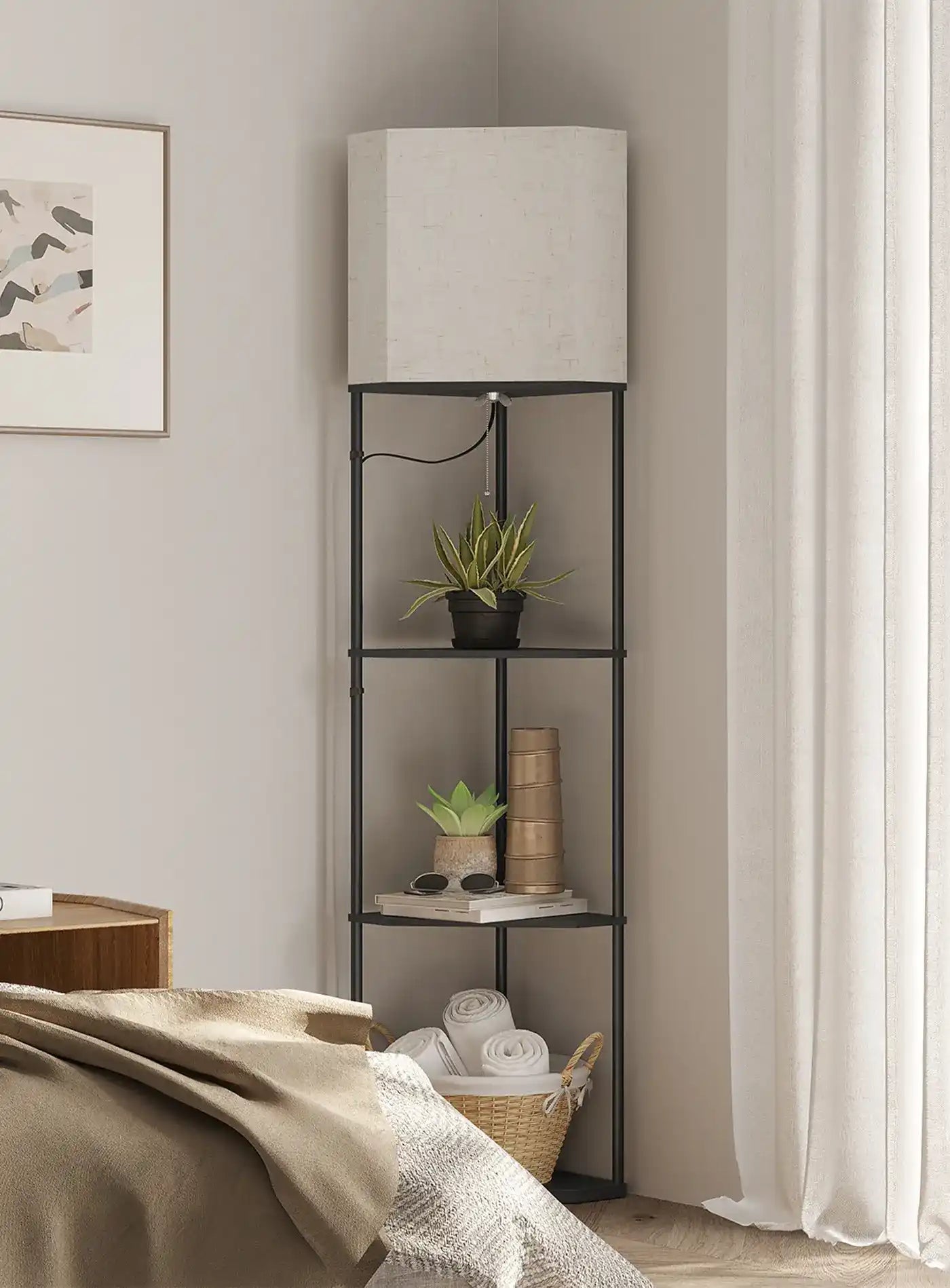 SUNMORY Sector Corner Shelf Lamp with Linen Shade