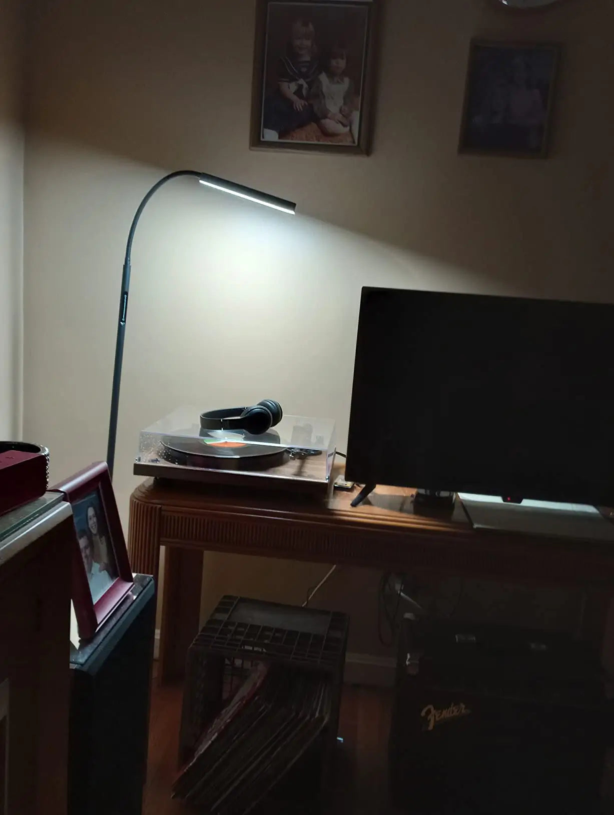 A flexible gooseneck LED reading floor lamp with a sturdy base, designed for versatile positioning to direct light precisely where needed, enhancing a living room's functionality.