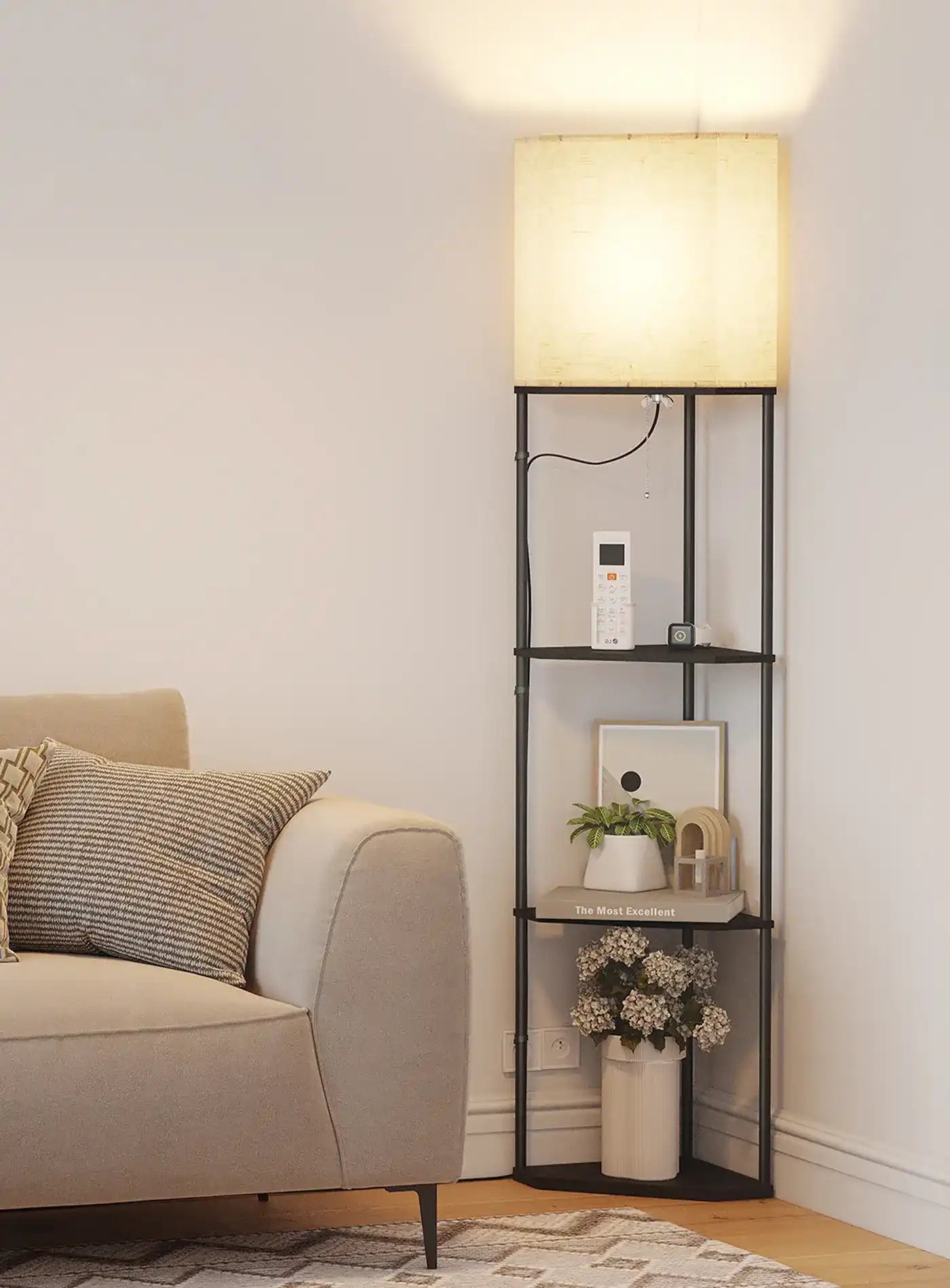 SUNMORY Sector Corner Shelf Lamp with Linen Shade