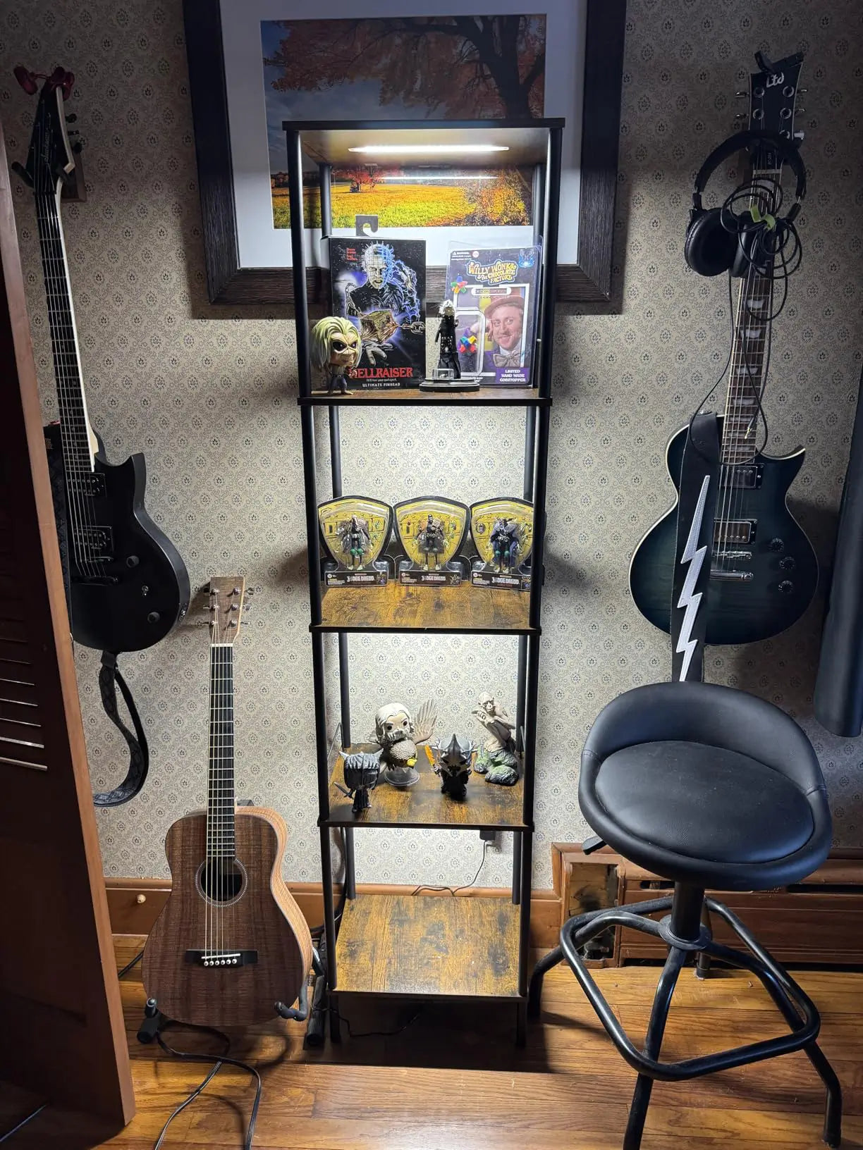 A multi-tier display shelf designed for versatility, with flexible and adjustable lighting components to perfectly illuminate different decorative accents and personal items.