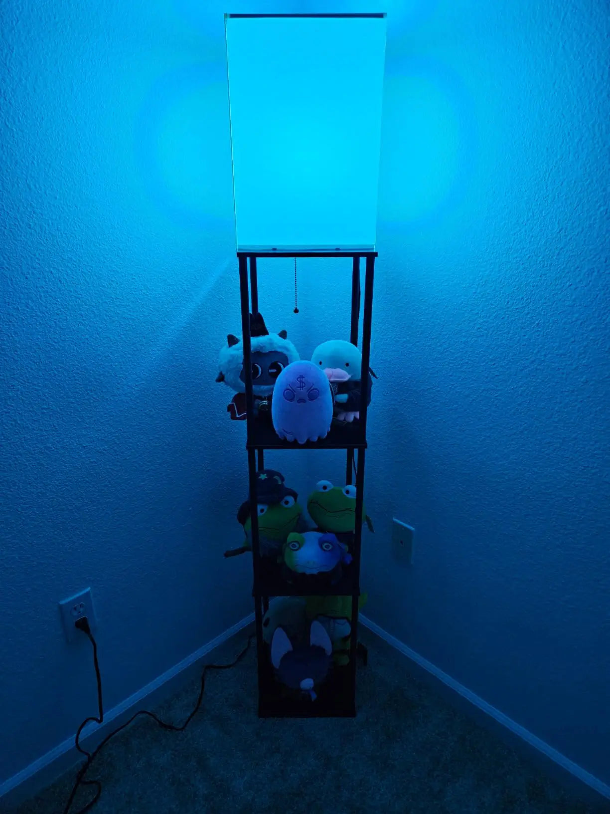 A smart RGB floor lamp with customizable colors, controlled via an app or remote, creating dynamic ambient lighting in a modern bedroom, showcasing its dimmable features.