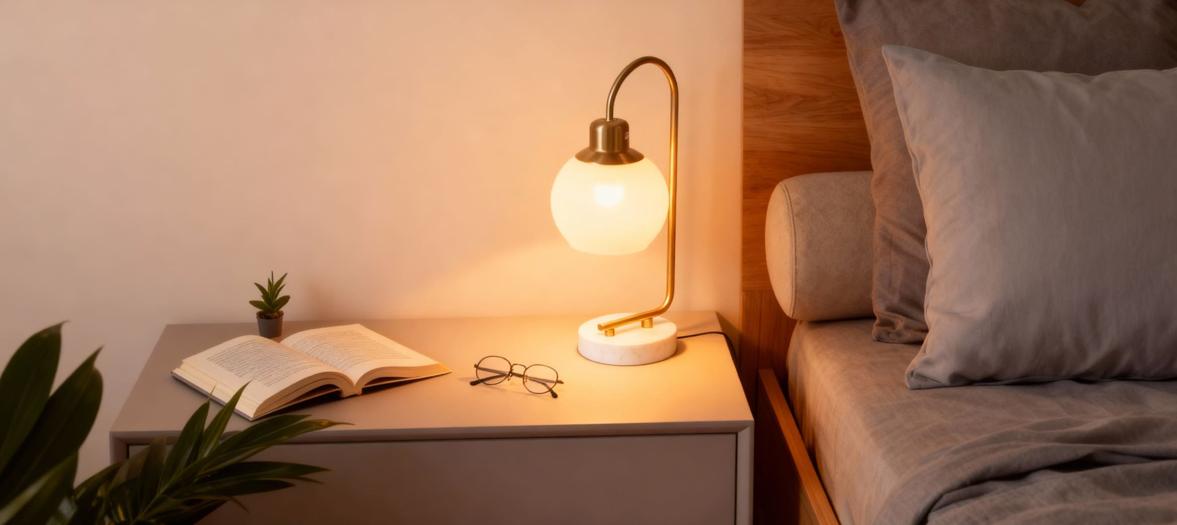 The complete view of the Sunmory marble arc table lamp, an elegant modern accessory with 3 color settings, a solid marble base, and frosted glass shade for office or bedroom use.