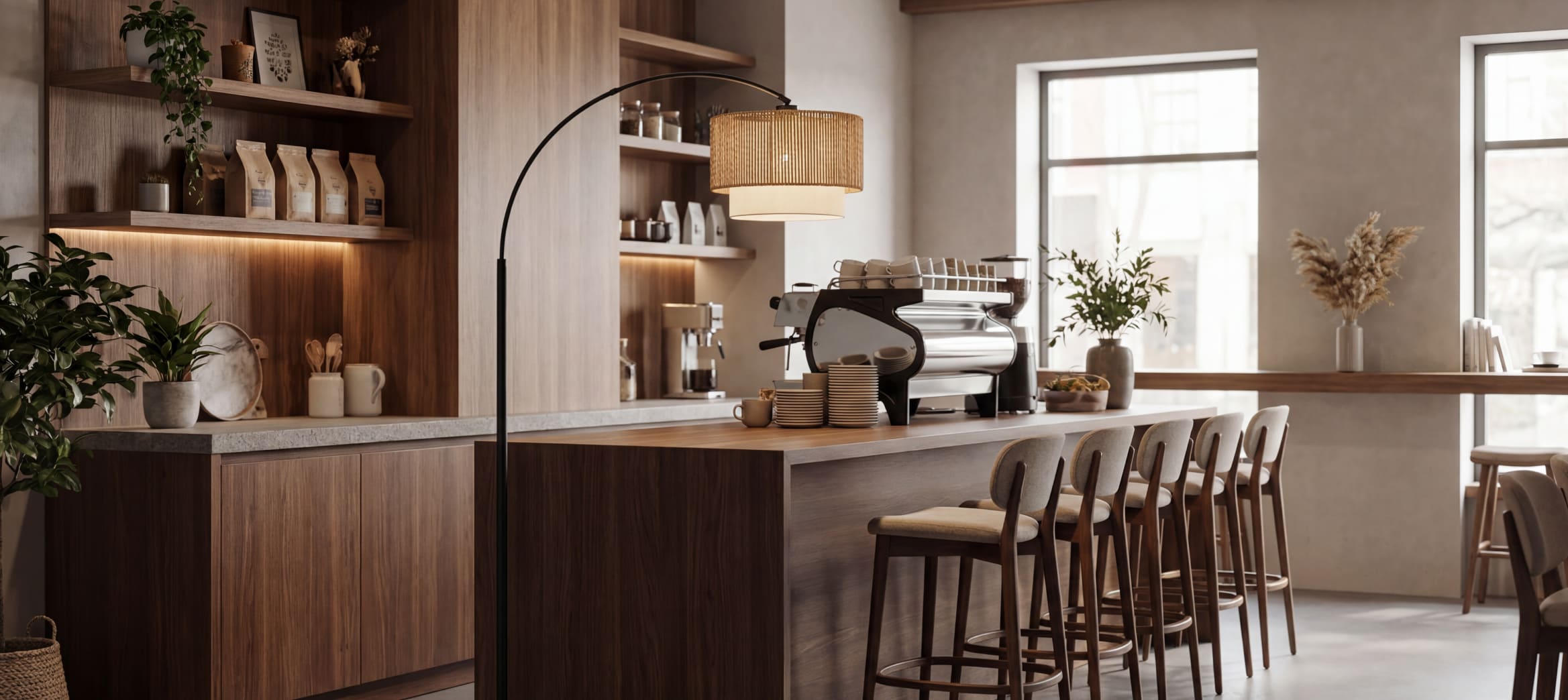 The Sunmory Farmhouse Arc Floor Lamp in a living room setting, featuring the 2-in-1 rattan shade, 3 color adjustable light, a sturdy base, and a black finish.