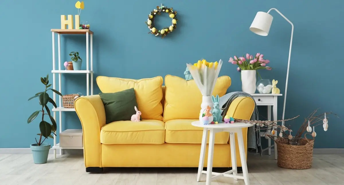 Interior of living room decorated with sofa and floor lamp