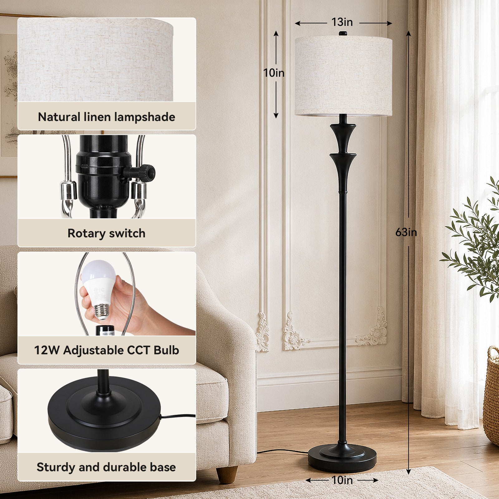 SUNMORY 63" Floor Lamps for Living Room，Tall Standing Lamp with LED Bulb
