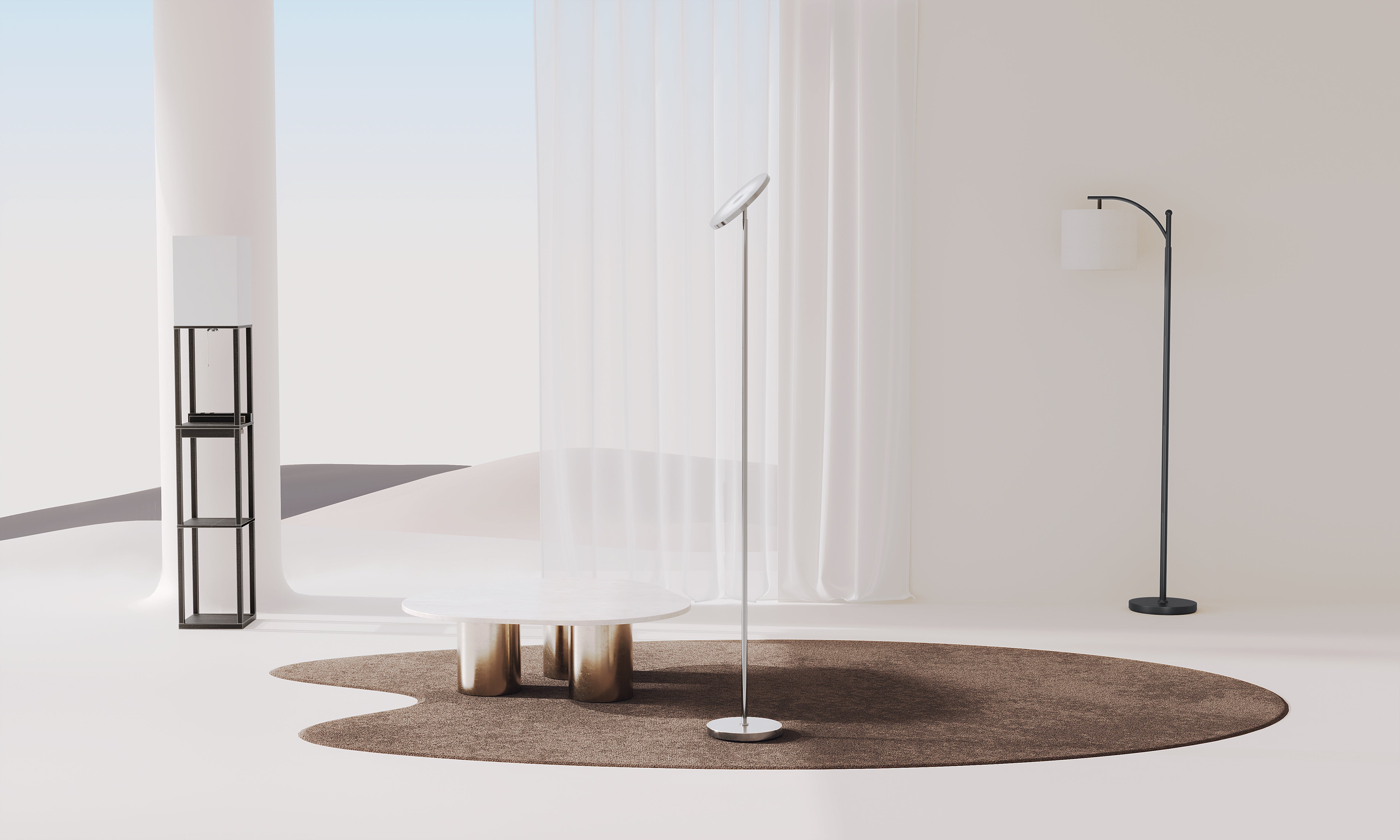 Bright living room with arc, torchiere, and shelf floor lamps all turned on.