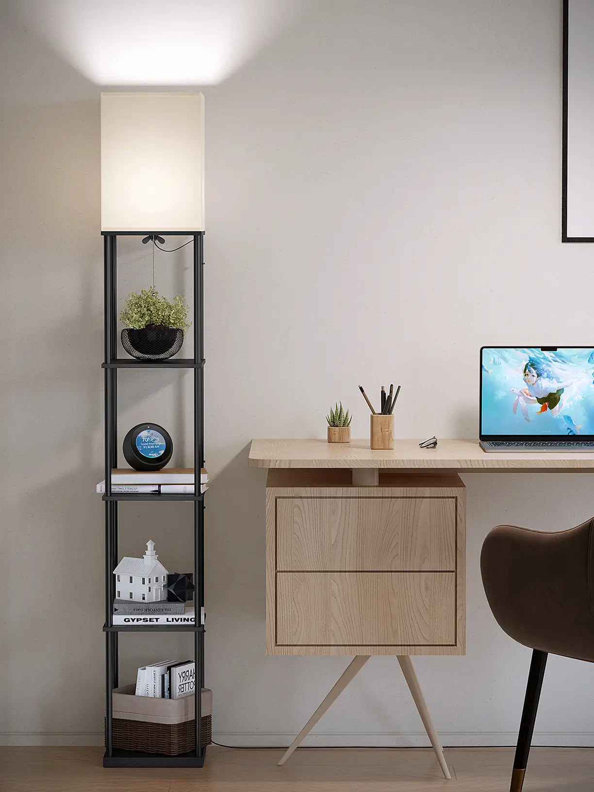 A versatile floor lamp with multiple integrated wooden-look shelves and LED lights. This functional floor lamp offers ample storage and modern convenience, perfect for a contemporary living room or home office