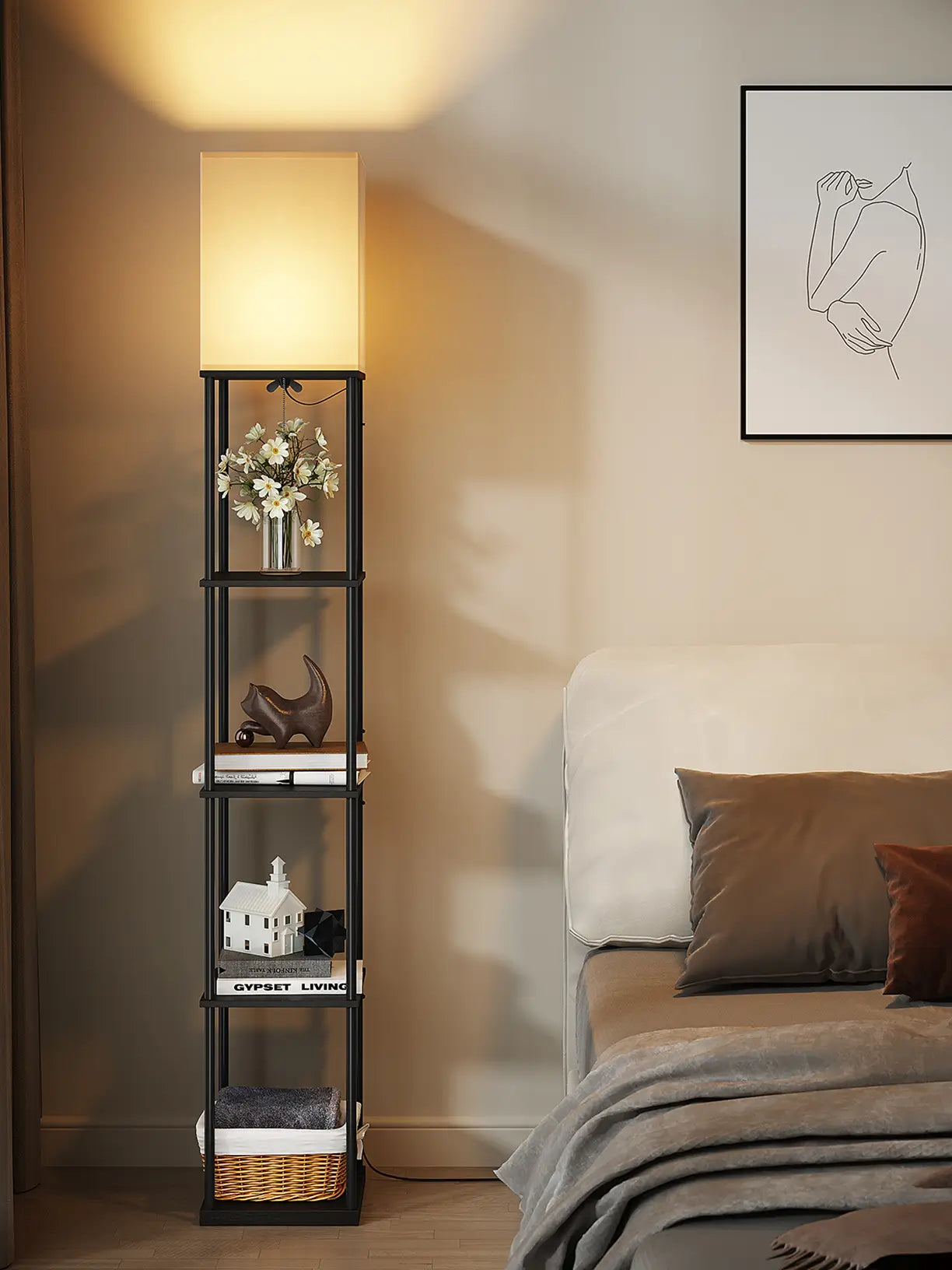 An industrial-style floor lamp featuring five open, square shelves, ideal for displaying books or decor. This functional floor lamp provides ambient lighting and adds a rustic yet modern touch to living rooms or home offices.