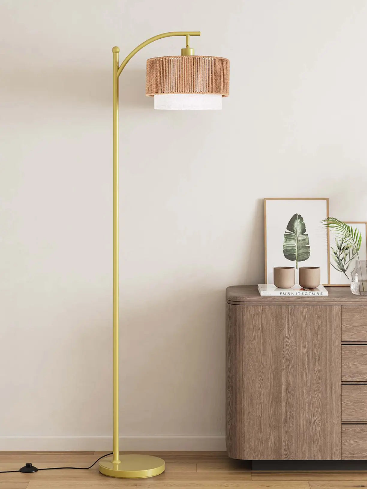 A functional double lampshade floor lamp positioned next to a comfortable armchair, providing dual lighting for reading and general ambiance in a cozy living room setting.