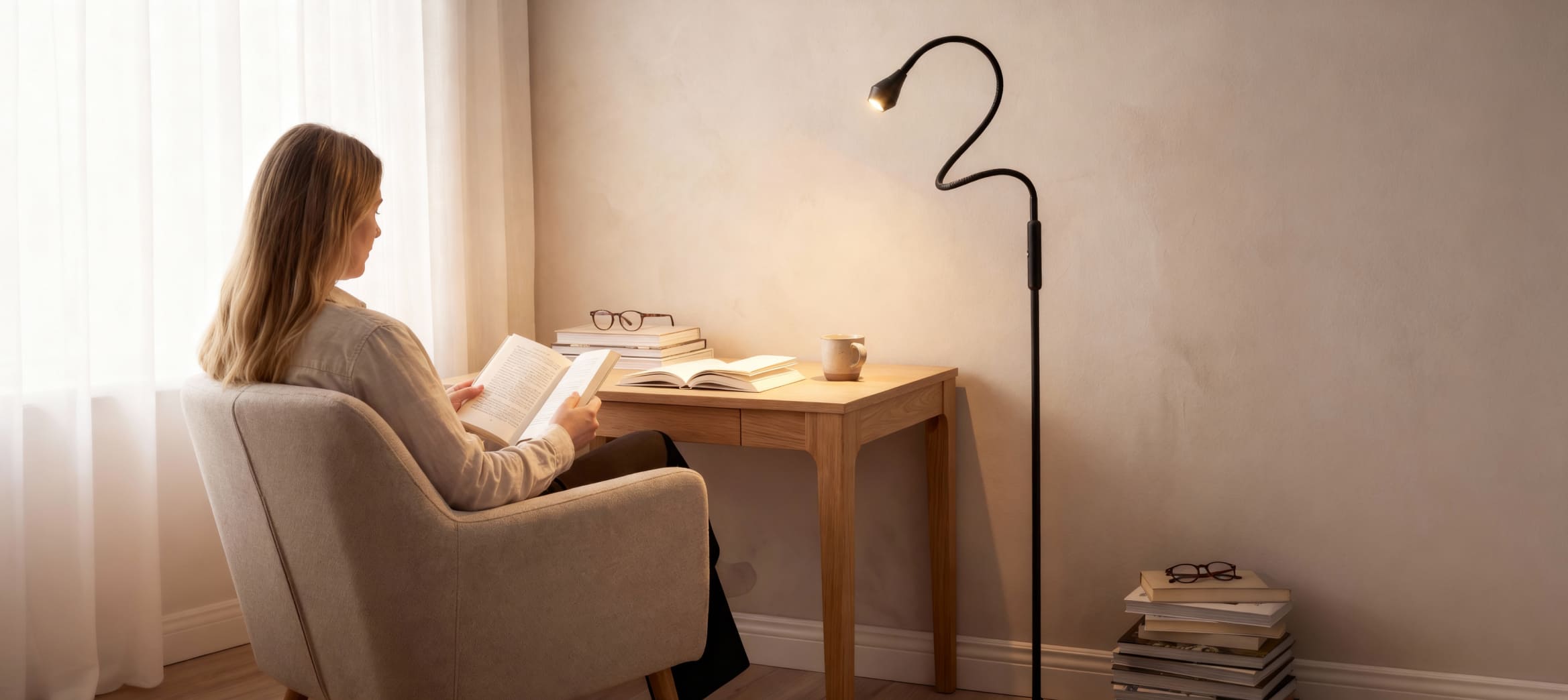 The ultimate modern LED reading floor lamp featuring a flexible 360° gooseneck, 10-100% dimming, adjustable full range beam, and a heavy 5-pound base for safe task lighting in an office or living room.